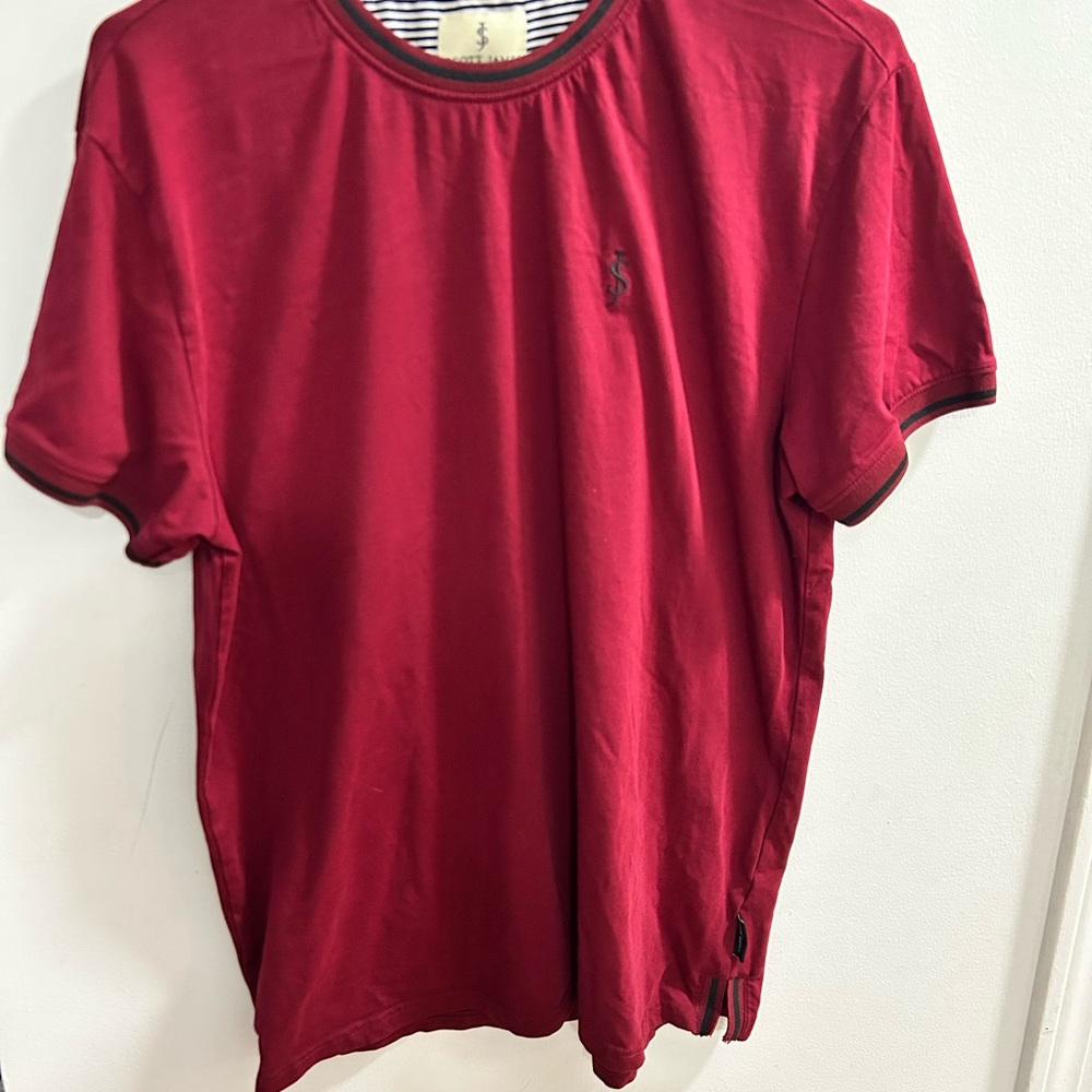 Scott James Mens Burgundy Crew Neck T Shirt Size L Short Sleeve Embroidered Logo